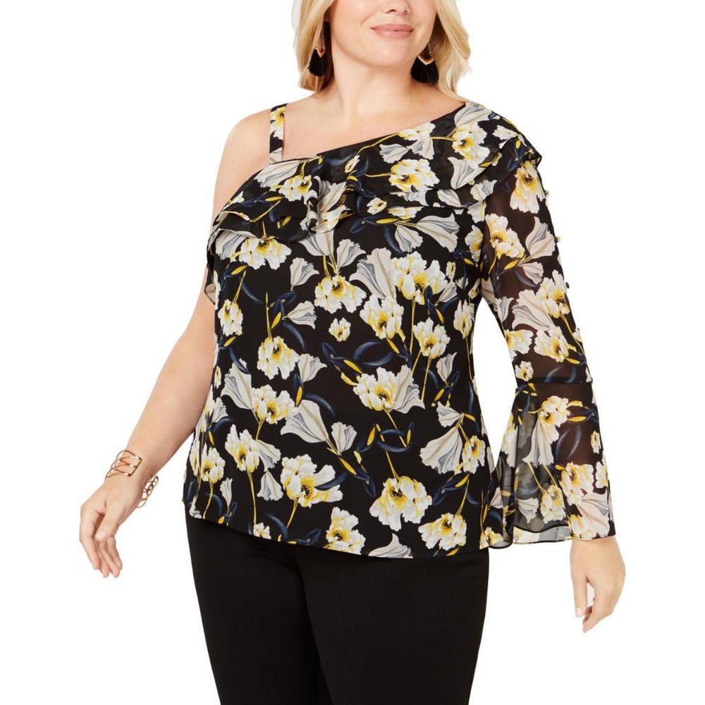 INC 2X Plus One Shoulder Yellow/Black Floral Polyester Summer Blouse Top NWT